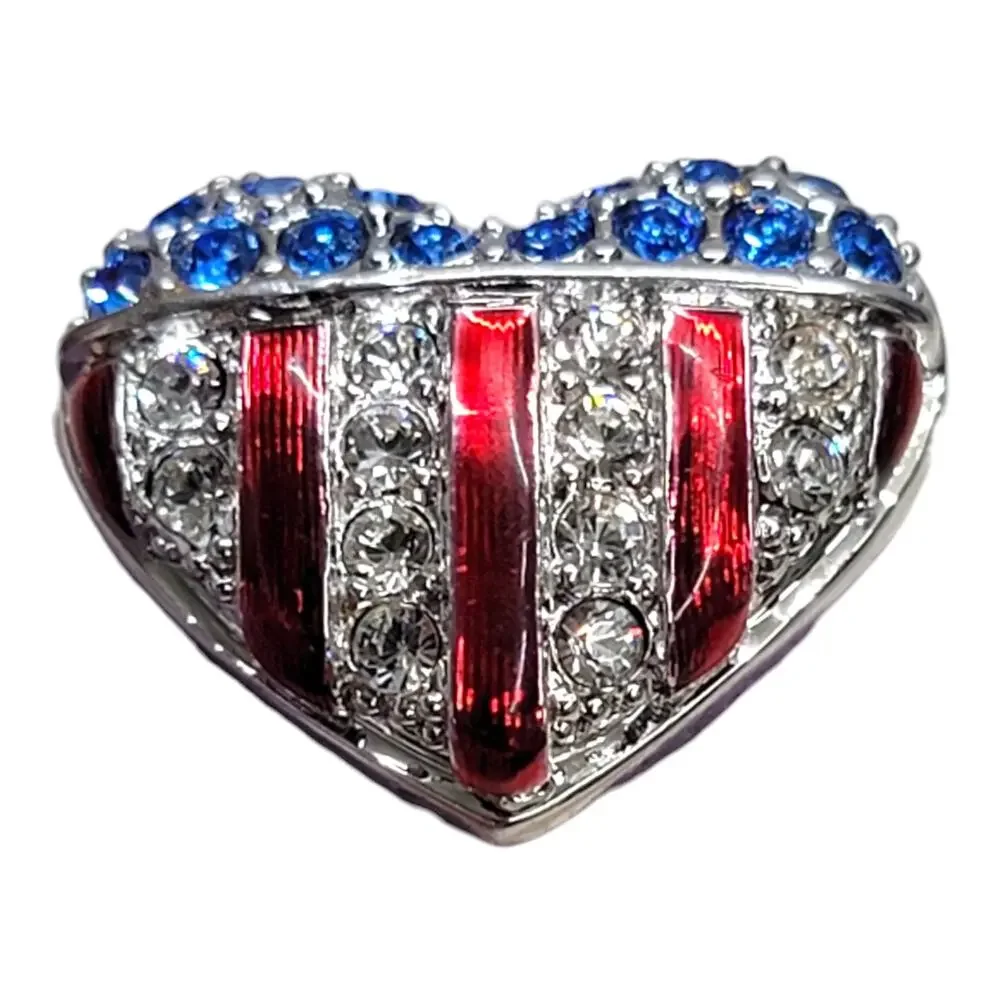 Swarovski Crystal Patriotic USA Flag Heart Lapel Pin Brooch Red White Blue Swan